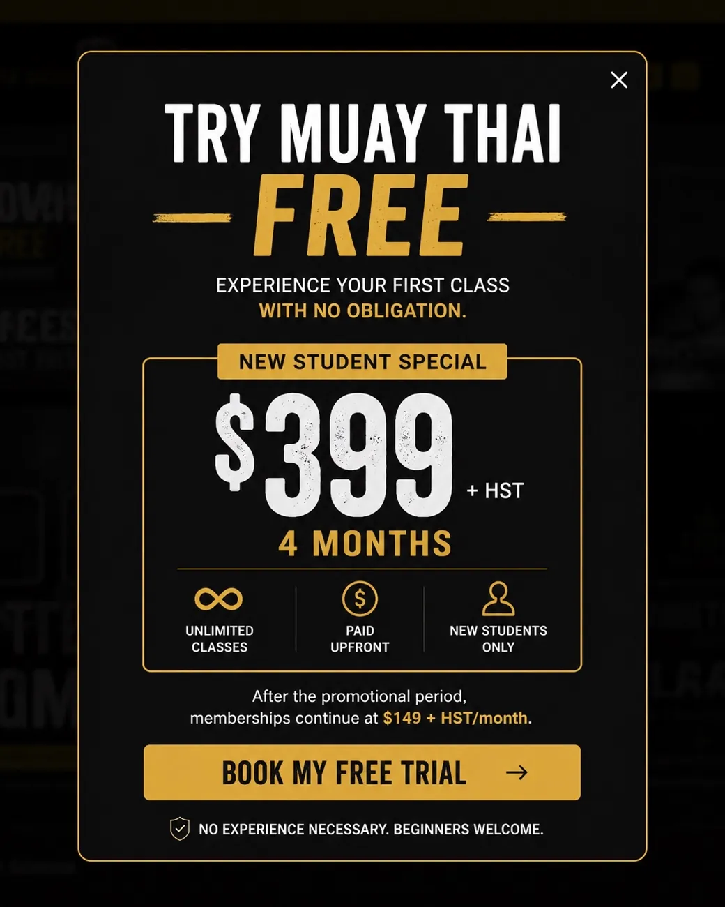 Try Muay Thai free — first class with no obligation. New student special: $399 for 4 months. Book your free trial.